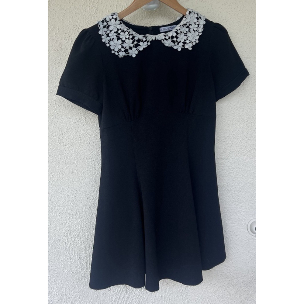 Hell Bunny Black Peter Pan Collar Dress Floral Lace Goth Wednesday Dark Academia